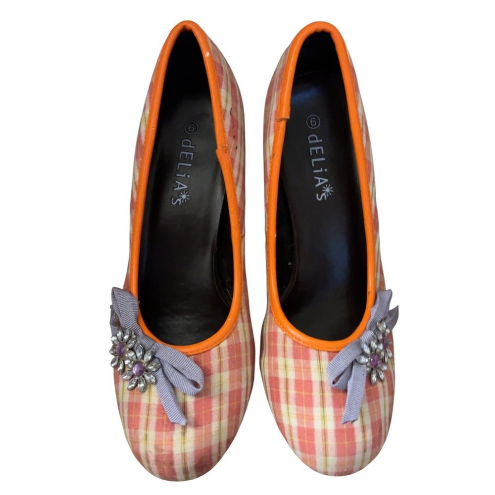 dELiA*s plaid orange heel with bow flower | SZ: 6